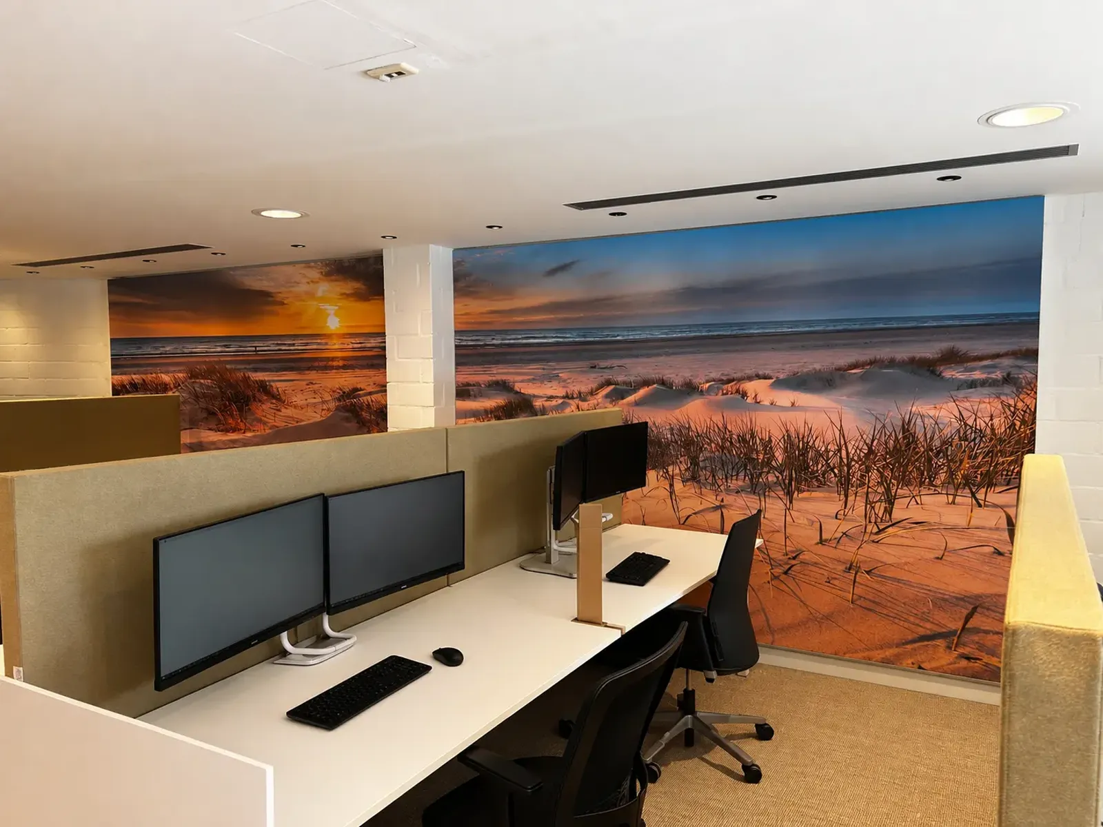 Cadre acoustique avec dunes et coucher de soleil dans un bureau ouvert