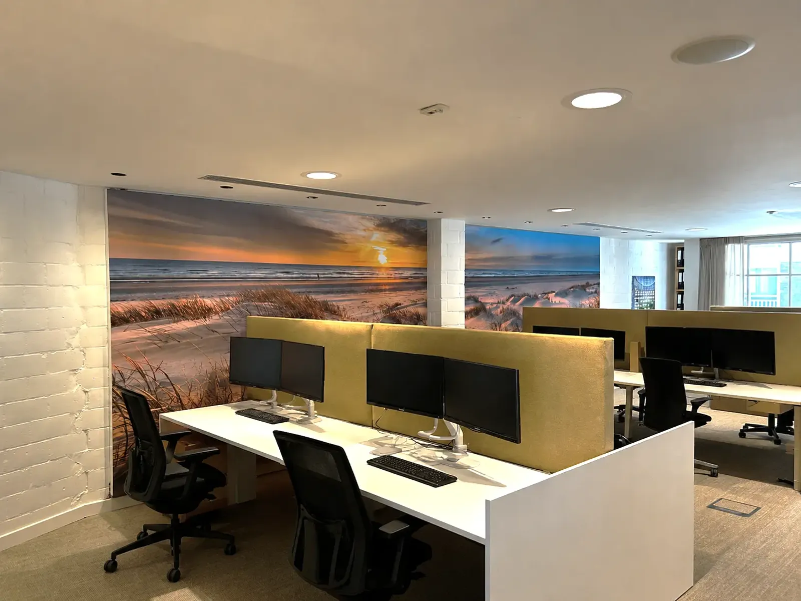 Cadre acoustique mural avec paysage de plage derrière des bureaux